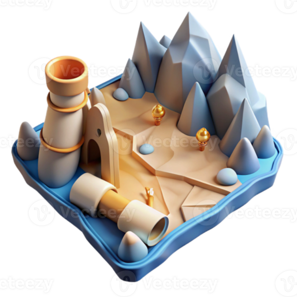 Render Island Scene Illustration Tower, Mountains, Telescope, Desert Landscape, Game Asset, Cartoon Style, Stylized World, Fantasy Island, Low Poly Mountains, Whimsical Design png