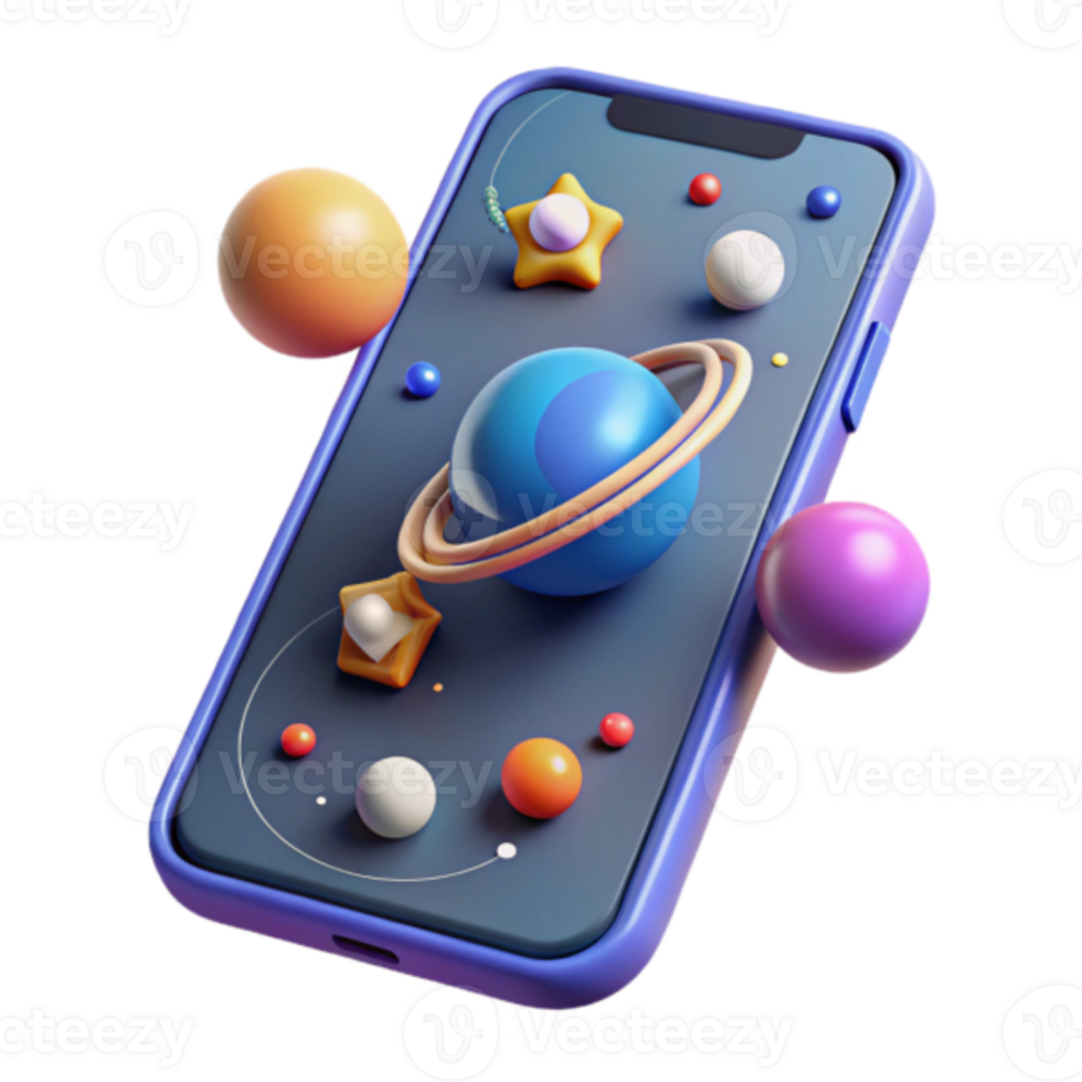 Render of Smartphone Displaying a Colorful Planetary System Illustration png