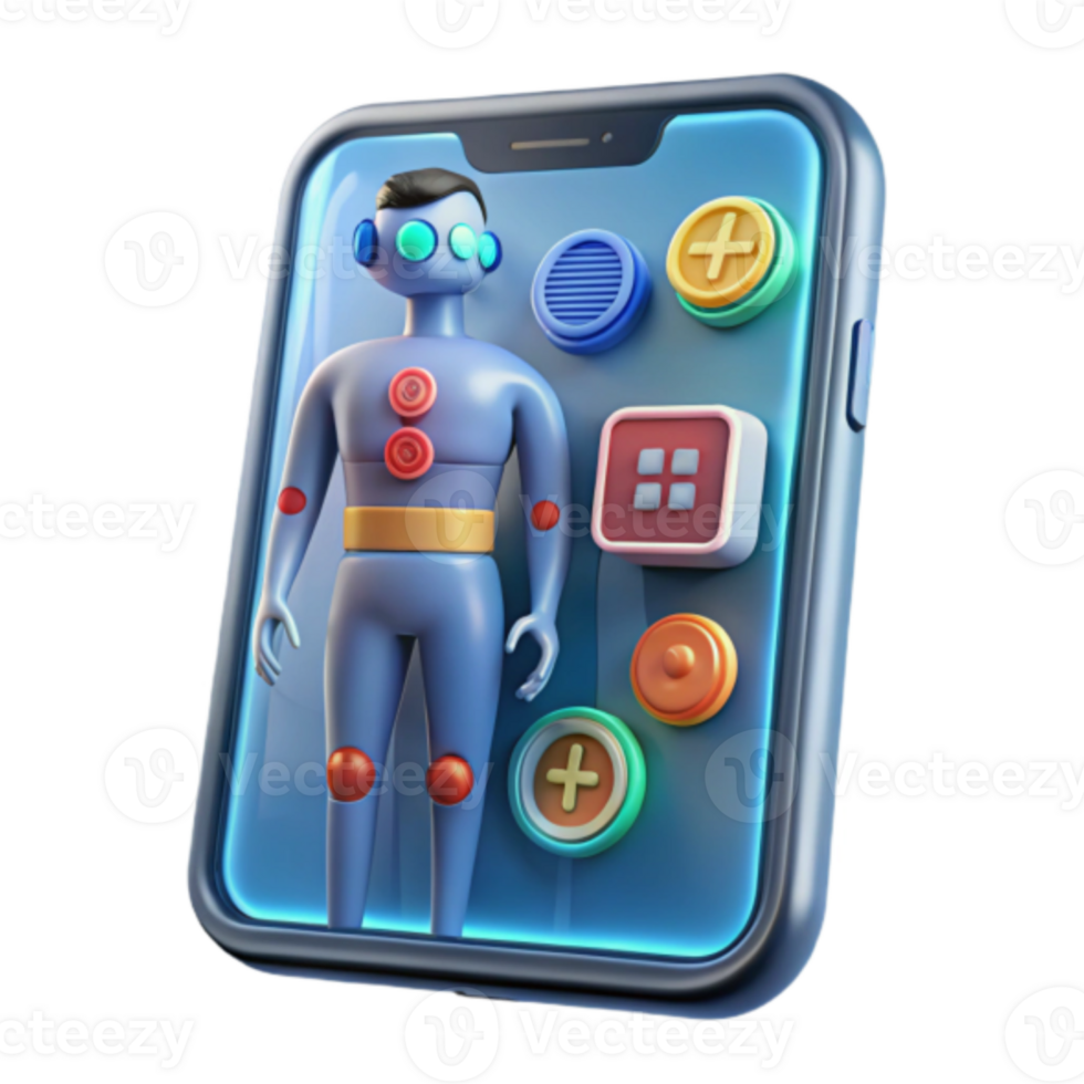 Render of a Futuristic UI Design with a Cartoon Robot Inside a Smartphone png