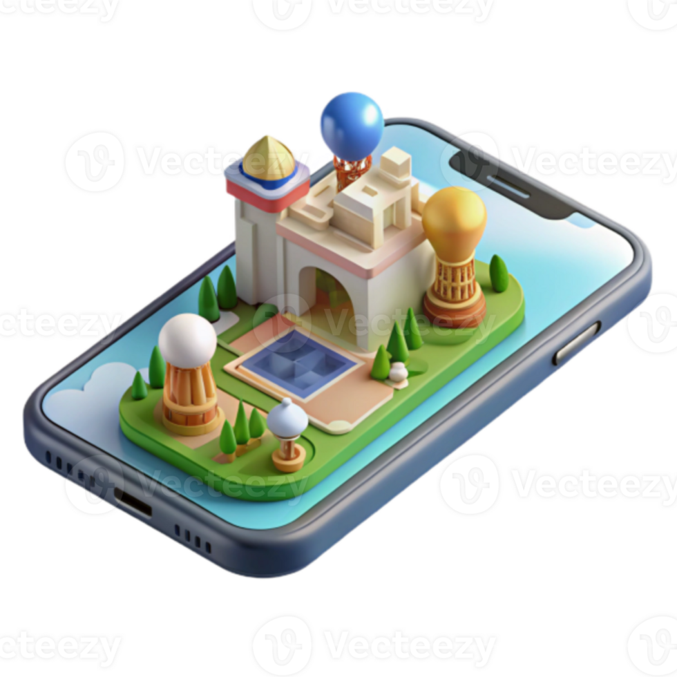 Isometric Illustration of a Mobile Phone Displaying a Whimsical Cityscape png