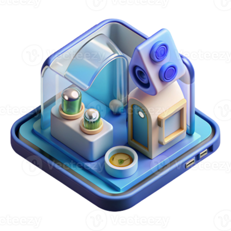 Isometric Illustration Tiny House Scene, Blue and White Minimalist Design, Futuristic Architecture, Abstract Background, Digital Art png
