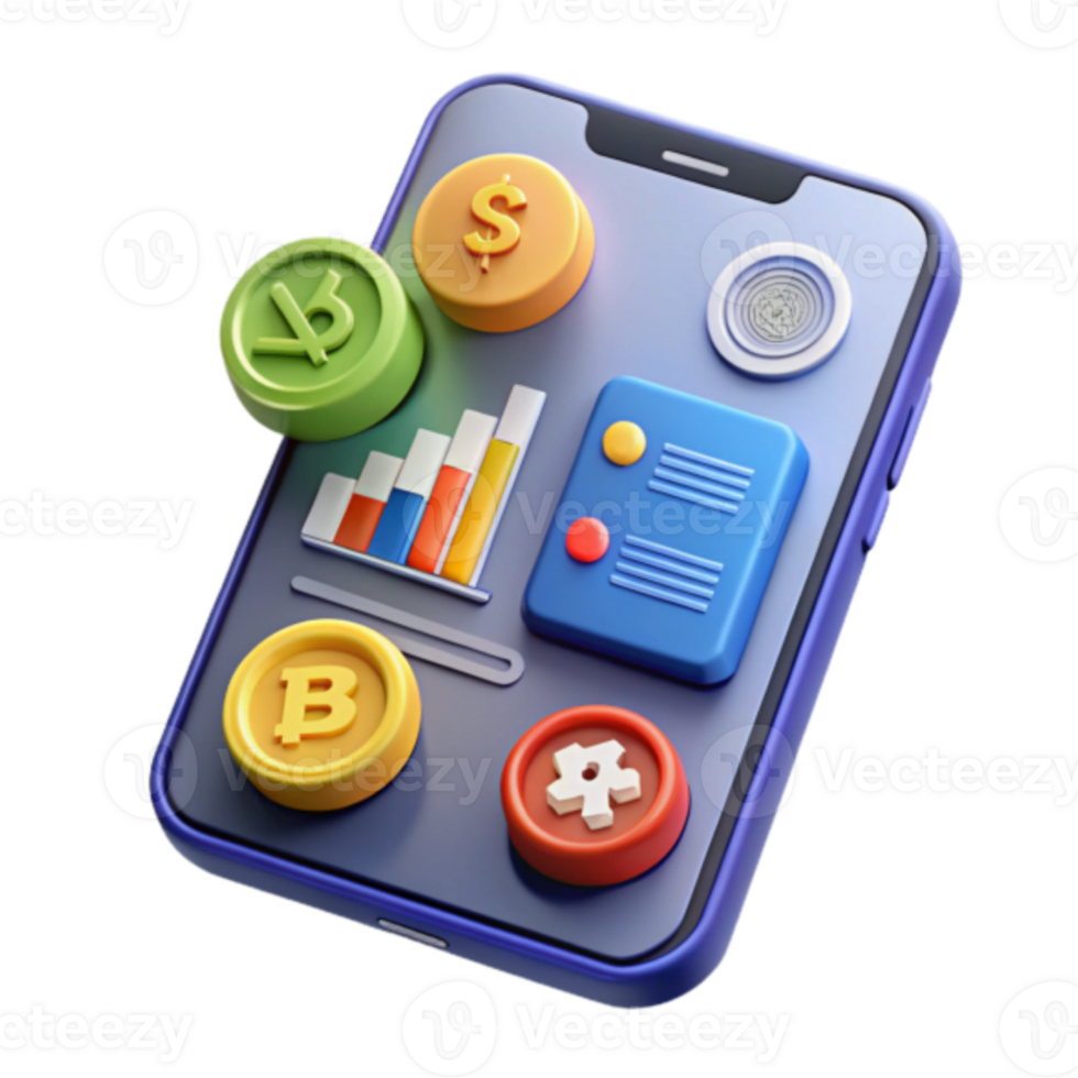 Illustration of Mobile Finance App Interface with Cryptocurrency and Financial Charts png