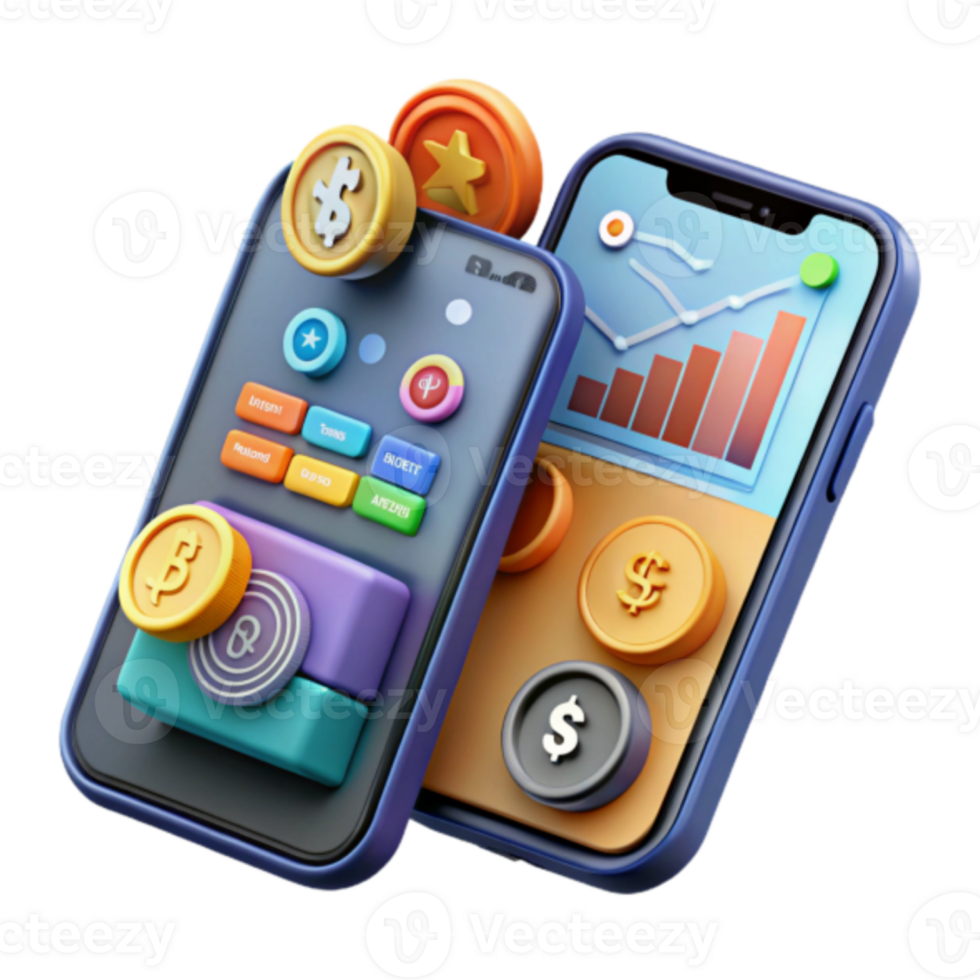 Illustration of Mobile Finance App Interface with Cryptocurrency and Stock Market Graphics png