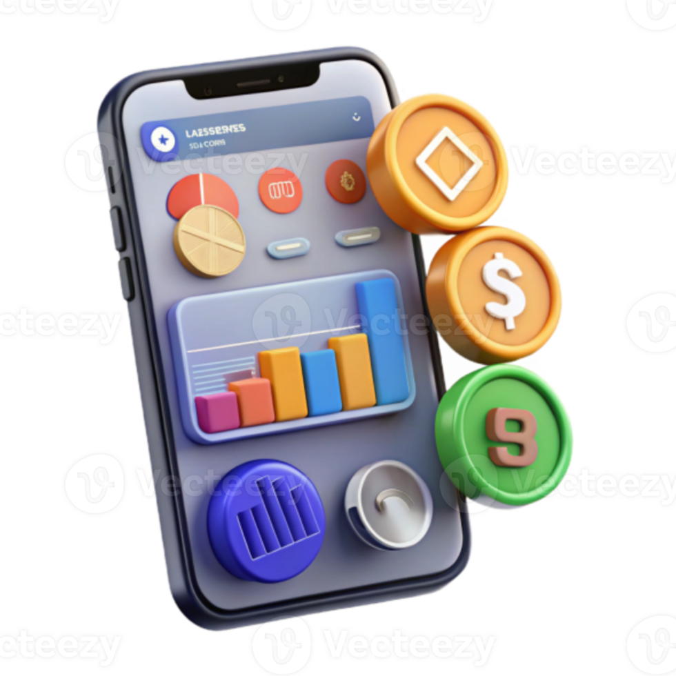 Render Smartphone Finance App UI Illustration, Charts, Graphs, Cryptocurrency, Mobile Banking, Financial Data, Investment, Economy, Budget, Statistics png