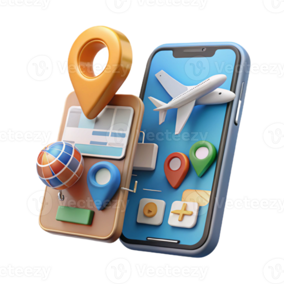 Illustration Travel App Interface Airplane Globe Map Location Pins png