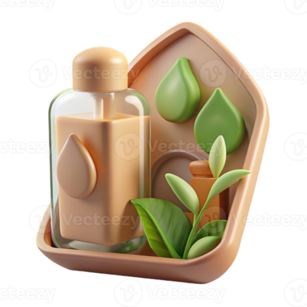 Render of Essential Oil Bottle with Leaves Illustration png