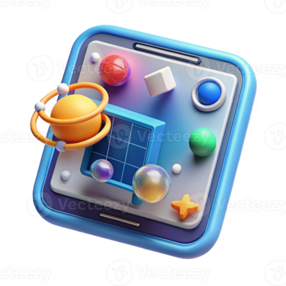 Vibrant Render of a Smartphone App Interface with Colorful Spheres, Bubbles, and Solar Panel Illustration png