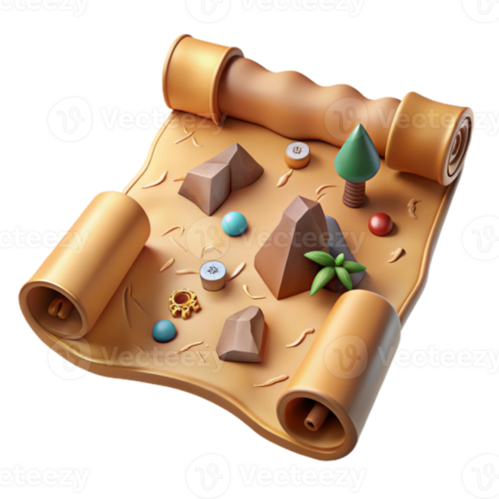 Render of Treasure Map Scroll Cartoonish Mountains, Gems, and Trees png