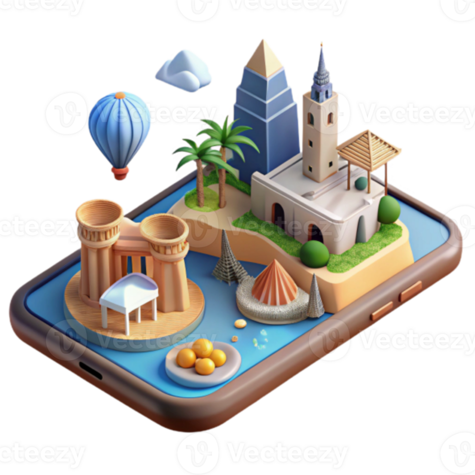 Isometric Illustration of a Mobile Phone Displaying a Whimsical Travel Scene png