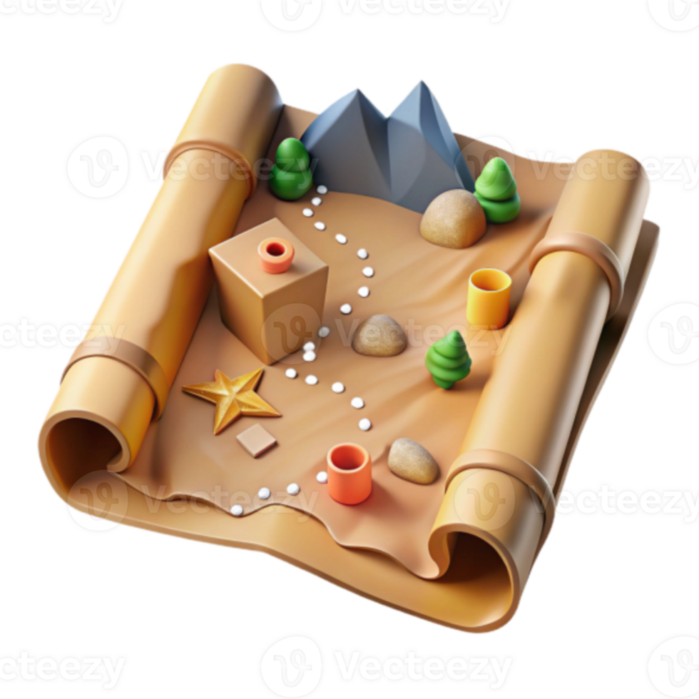Render of a Treasure Map Illustration Rolled Up, Showing a Whimsical Adventure Path png