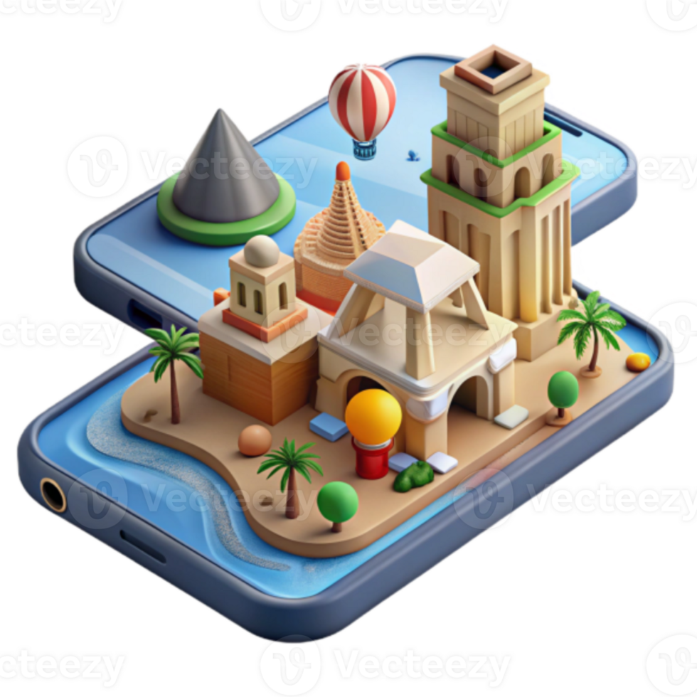 Isometric Illustration of an Island Cityscape on a Smartphone Screen png