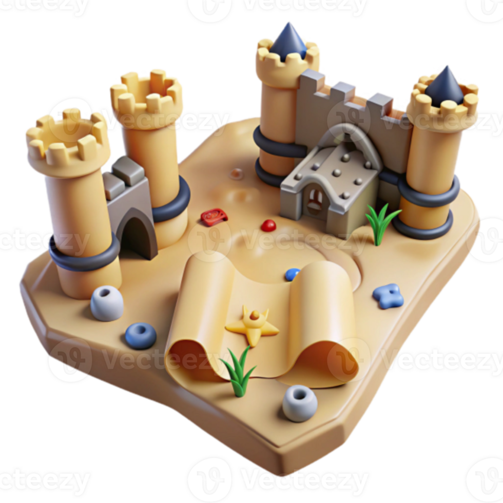 Sandcastle Model Illustration A Playful Beach Scene with Towers, Archway, and Treasure Map png