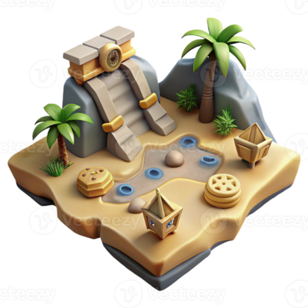 Render of Oasis Scene Ancient Steps, Palm Trees, and Mystical Artifacts png