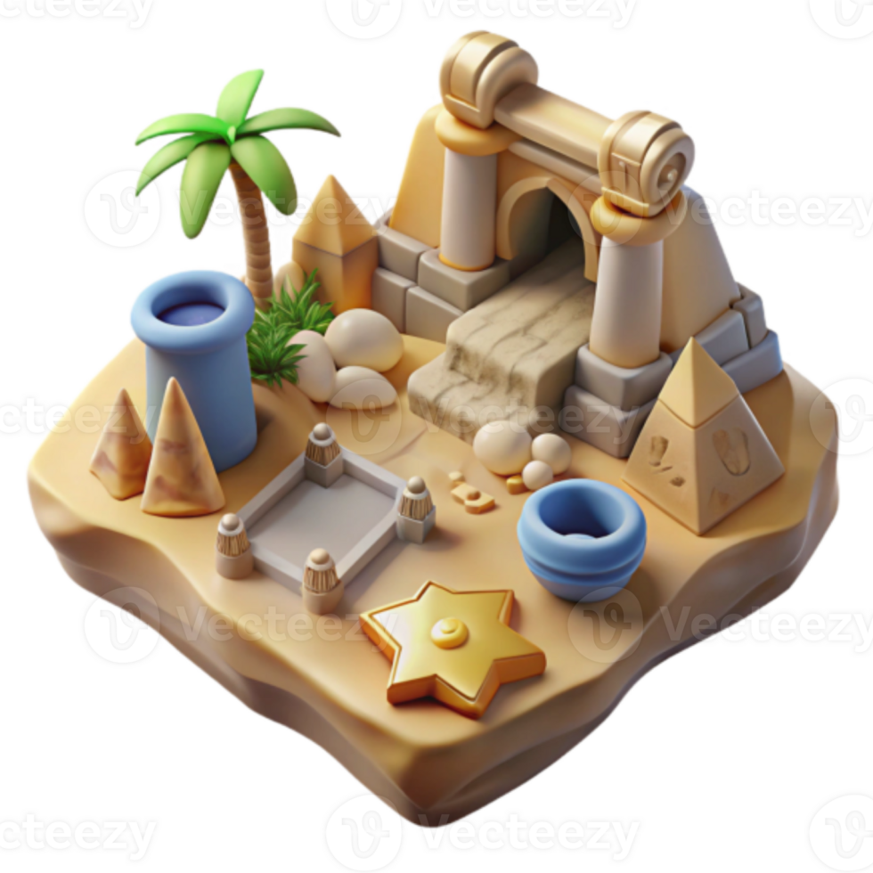 Render of Ancient Oasis Scene with Pyramids and Temple Gate png