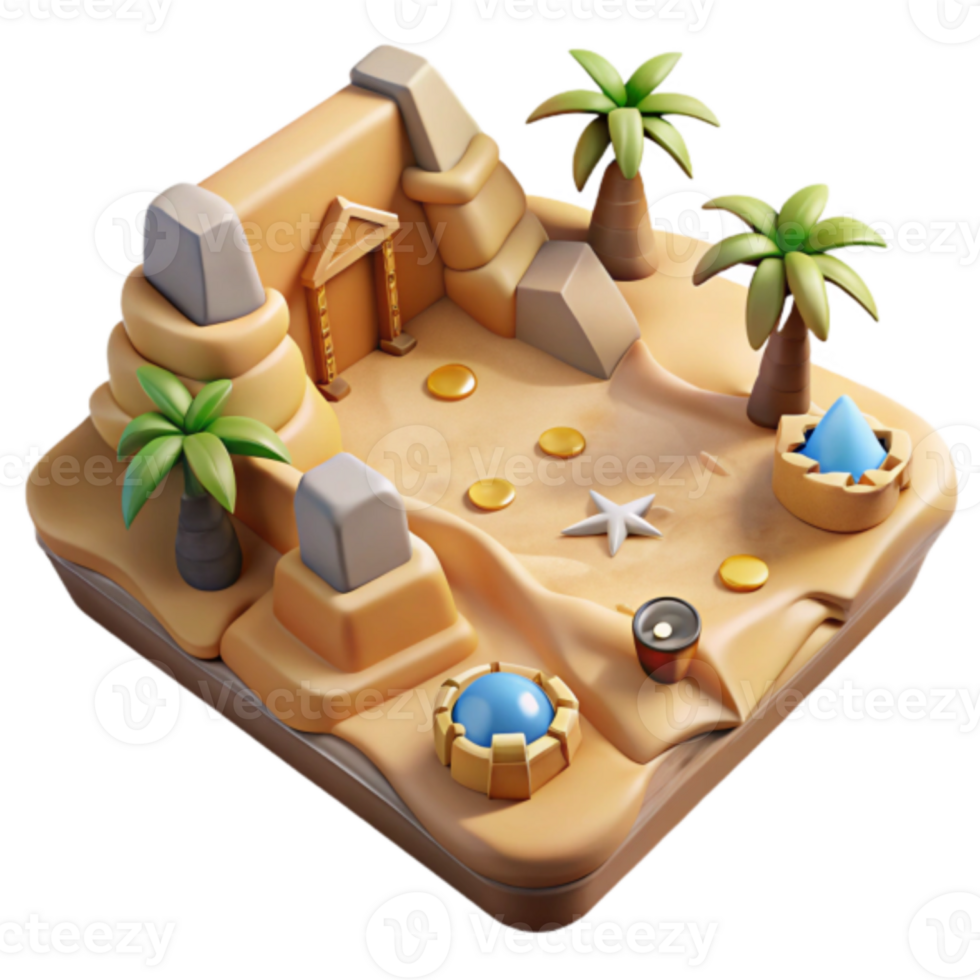 Render Oasis Game Scene Island Desert Treasure Hunt Illustration png