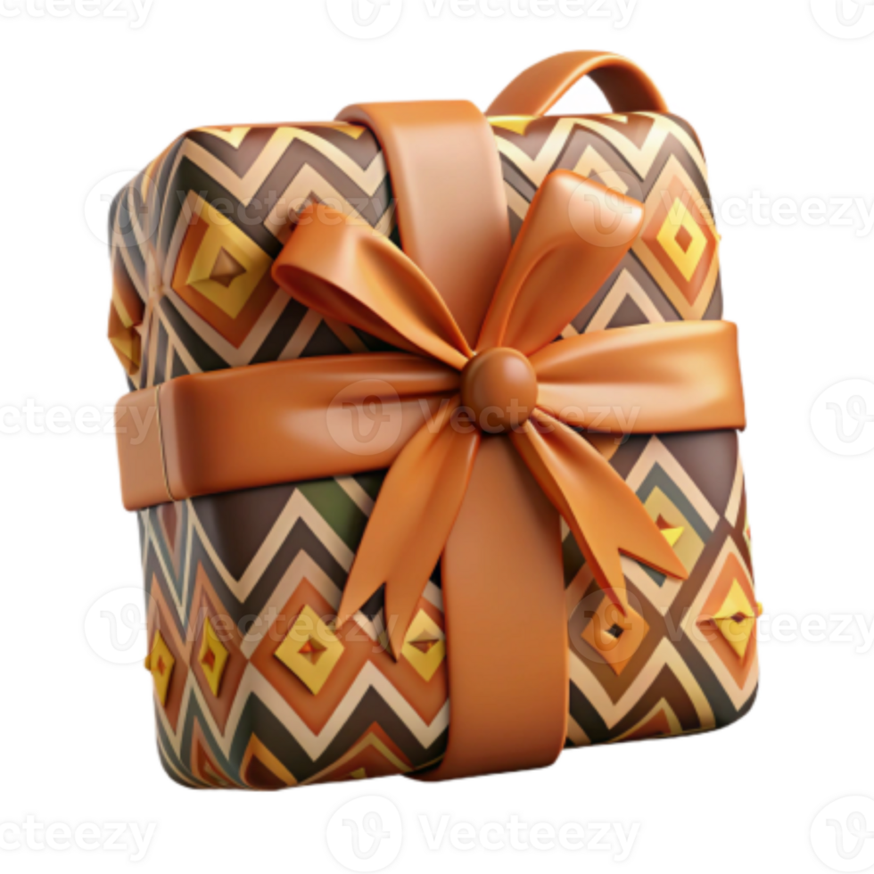 Render Gift Box with Orange Bow and Geometric Pattern png