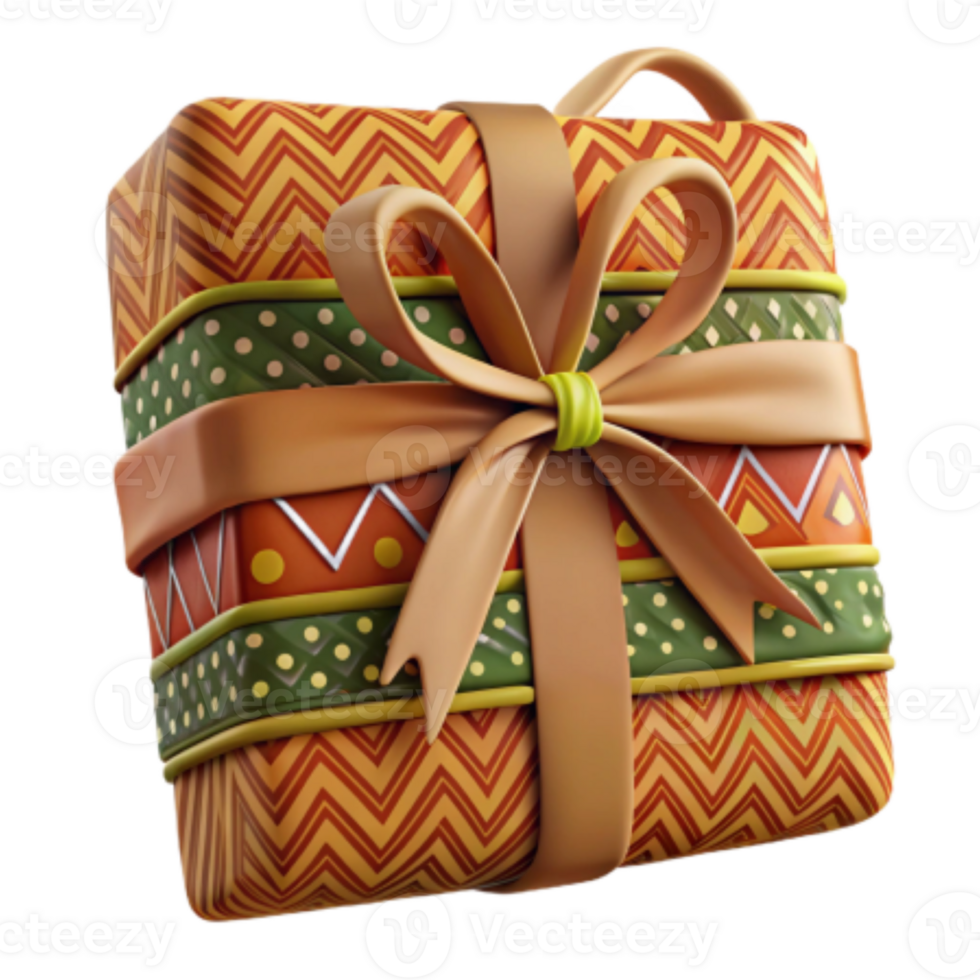Render of Gift Box with Zigzag and Polka Dot Pattern, Festive Orange and Green Wrapping, Brown Ribbon Bow png