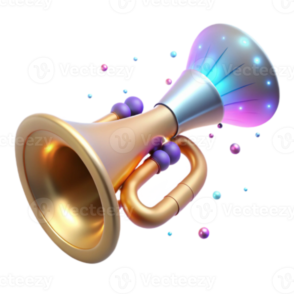 Render of a Golden Trumpet with Glowing Lights and Colorful Particles png