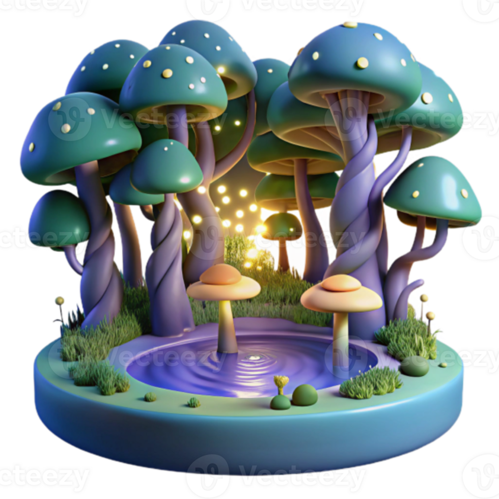 Enchanted Mushroom Forest Illustration A Magical Pond and Glowing Fireflies png