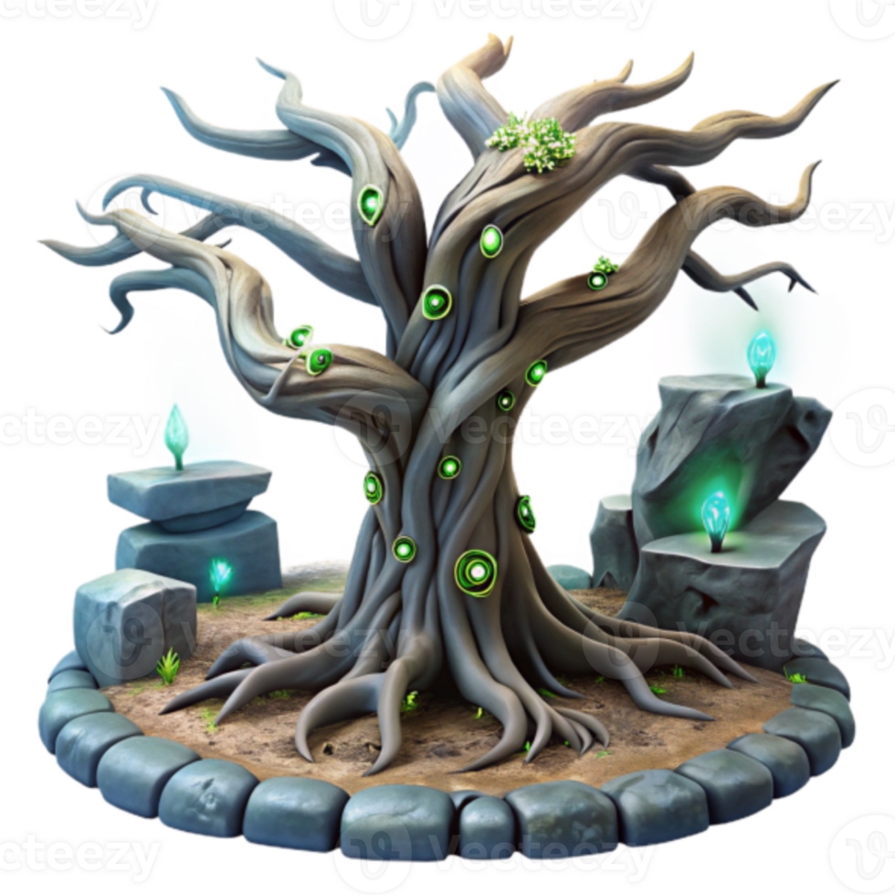 Enchanted Twisted Tree Render, Fantasy Game Asset, Magical Forest Scene png