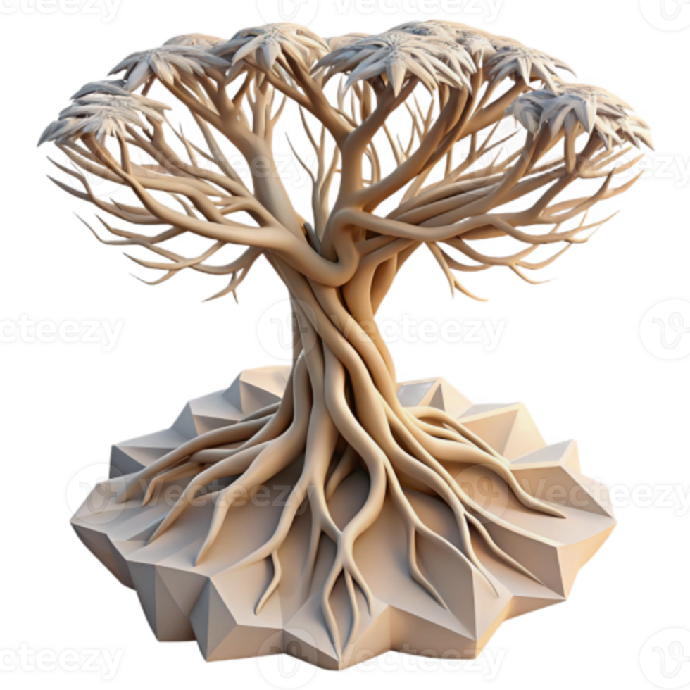 Render of a Stylized Tree with Intricate Roots on a Geometric Base png