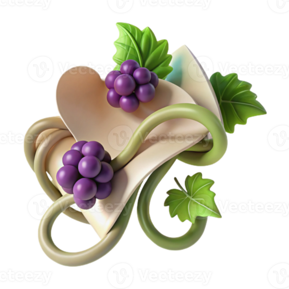 Render of Grapes and Vines, Abstract Heart-Shaped Design, Lush Green Leaves, Vibrant Purple Fruit, Organic Illustration png