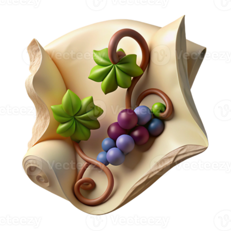 Render of Grapes and Vines on Parchment Scroll png