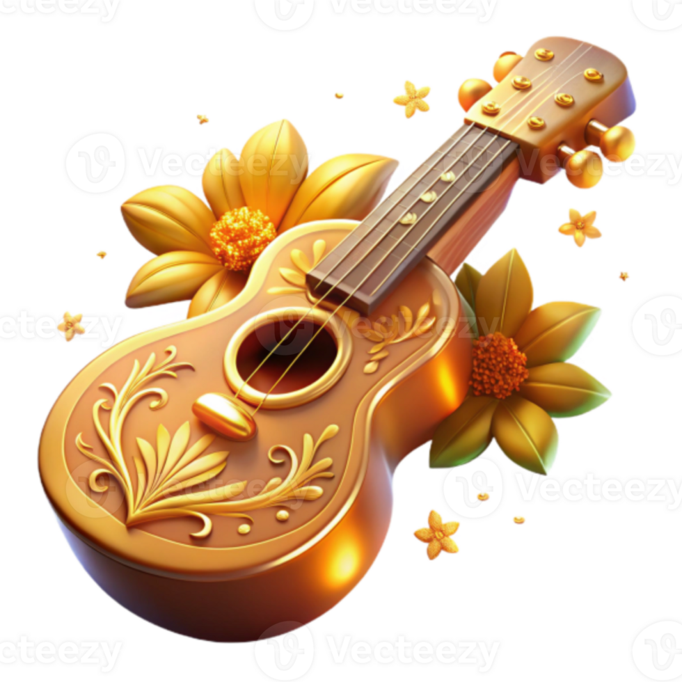 Golden Ukulele Illustration with Ornate Design and Flowers png