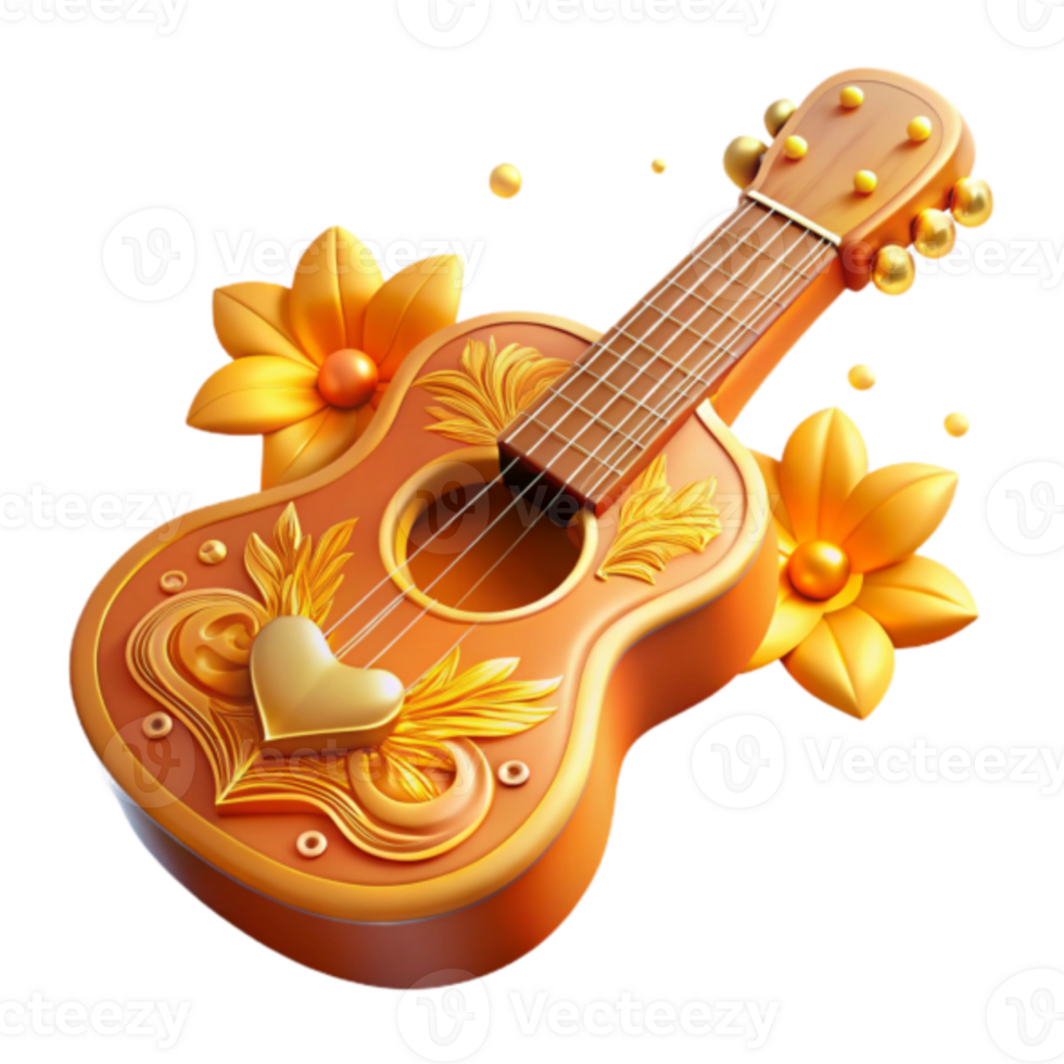 Ornate Render of a Ukulele with Golden Floral Accents png