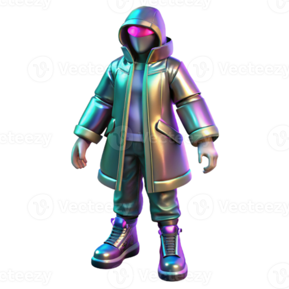 Iridescent Render of a Futuristic Hooded Figure in Metallic Clothing png