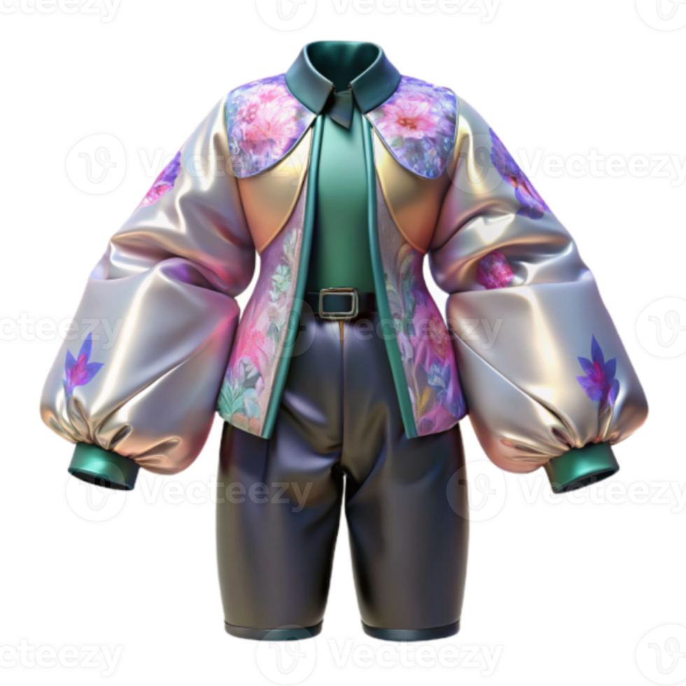 Render of Puff Sleeve Blouse and Shorts Outfit, Floral Pattern, Iridescent Fabric png