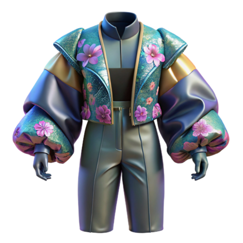 Render of Fashionable Womens Outfit with Floral Jacket and Wide Sleeves png