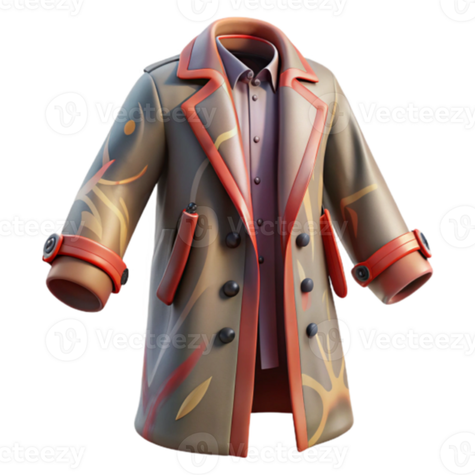 Render of Stylish Brown Coat with Red Accents and Abstract Design png