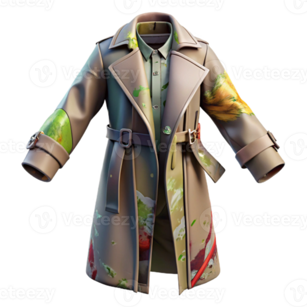 Render of a Stylish Beige Trench Coat with Abstract Paint Splatter Design png