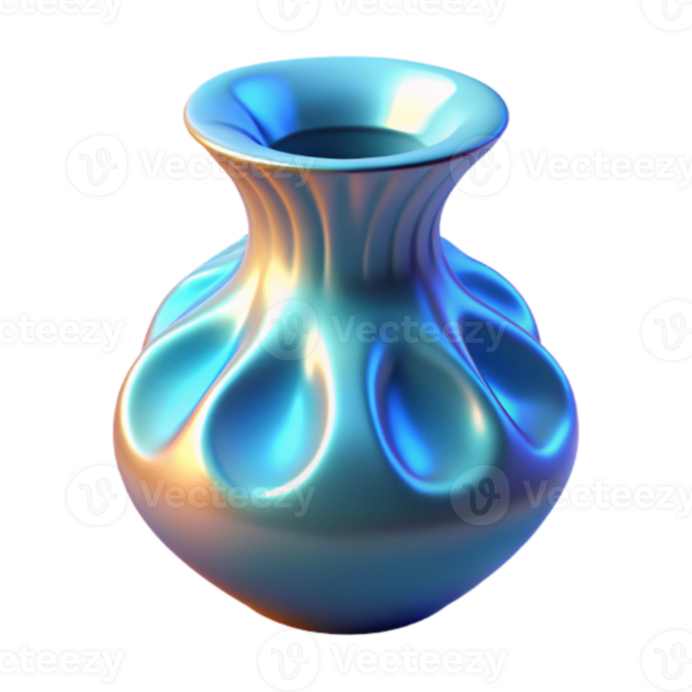 Iridescent Render of Abstract Vase, Fluid Metal Texture, Organic Shapes, Modern Design, Digital Art, Blue Hues, Smooth Surface, Glowing Vase, Abstract Background, Vase Illustration png