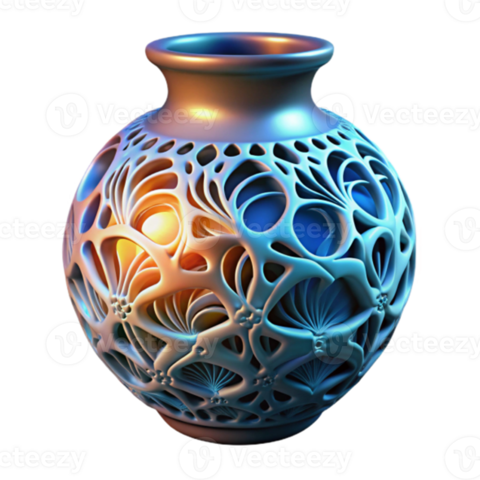 Intricate Render of Ornate Ceramic Vase, Blue and Gold Hues, Floral Design png