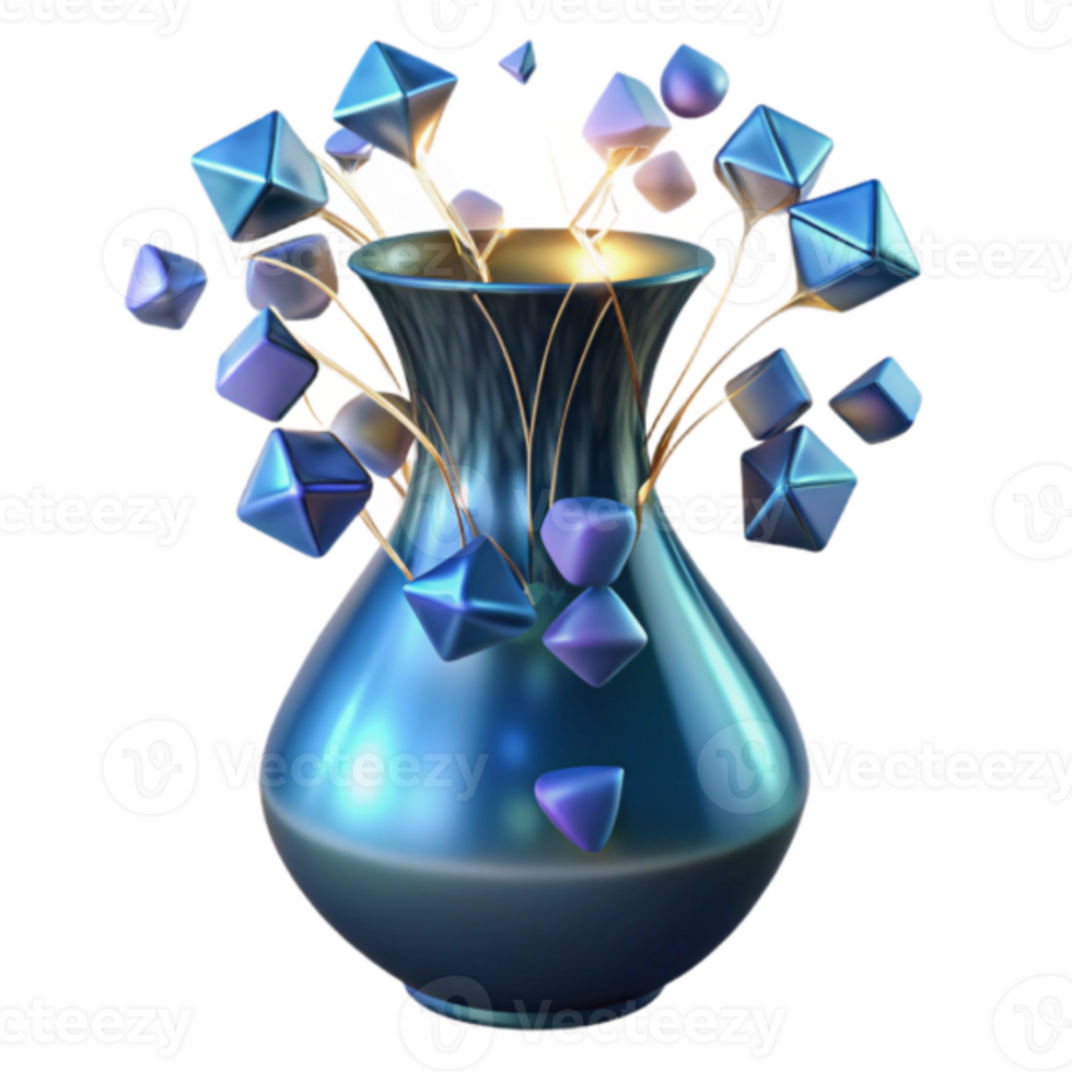 Render of Blue Vase with Abstract Crystal Flowers png