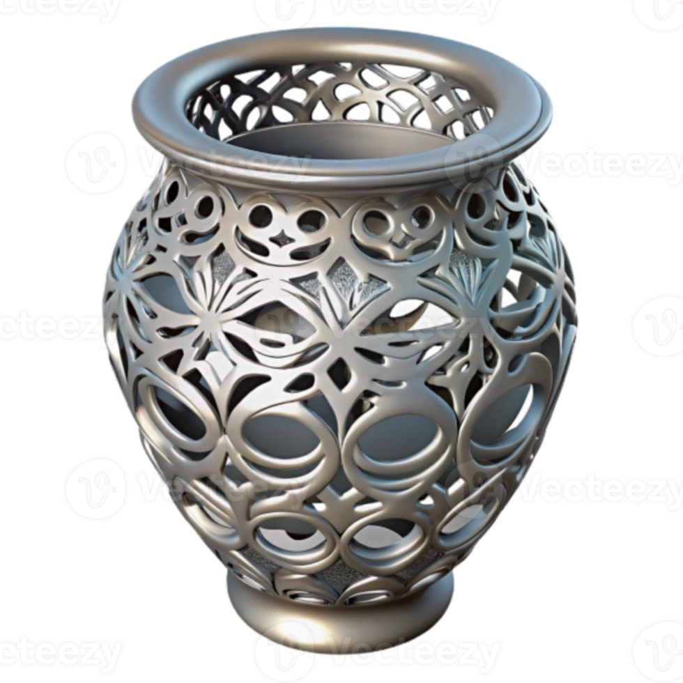 Ornate Silver Rendered Vase, Intricate Floral Design, Decorative Home Decor, Elegant Tabletop Ornament, Model, Detailed Filigree, Hollow Metal Vase, Abstract Background, Silver Pottery png
