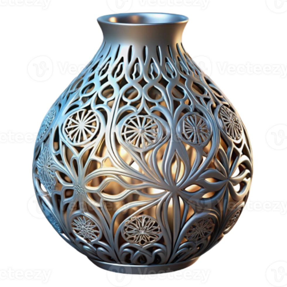 Ornate Rendered Silver Vase with Intricate Floral Laser Cut Design png