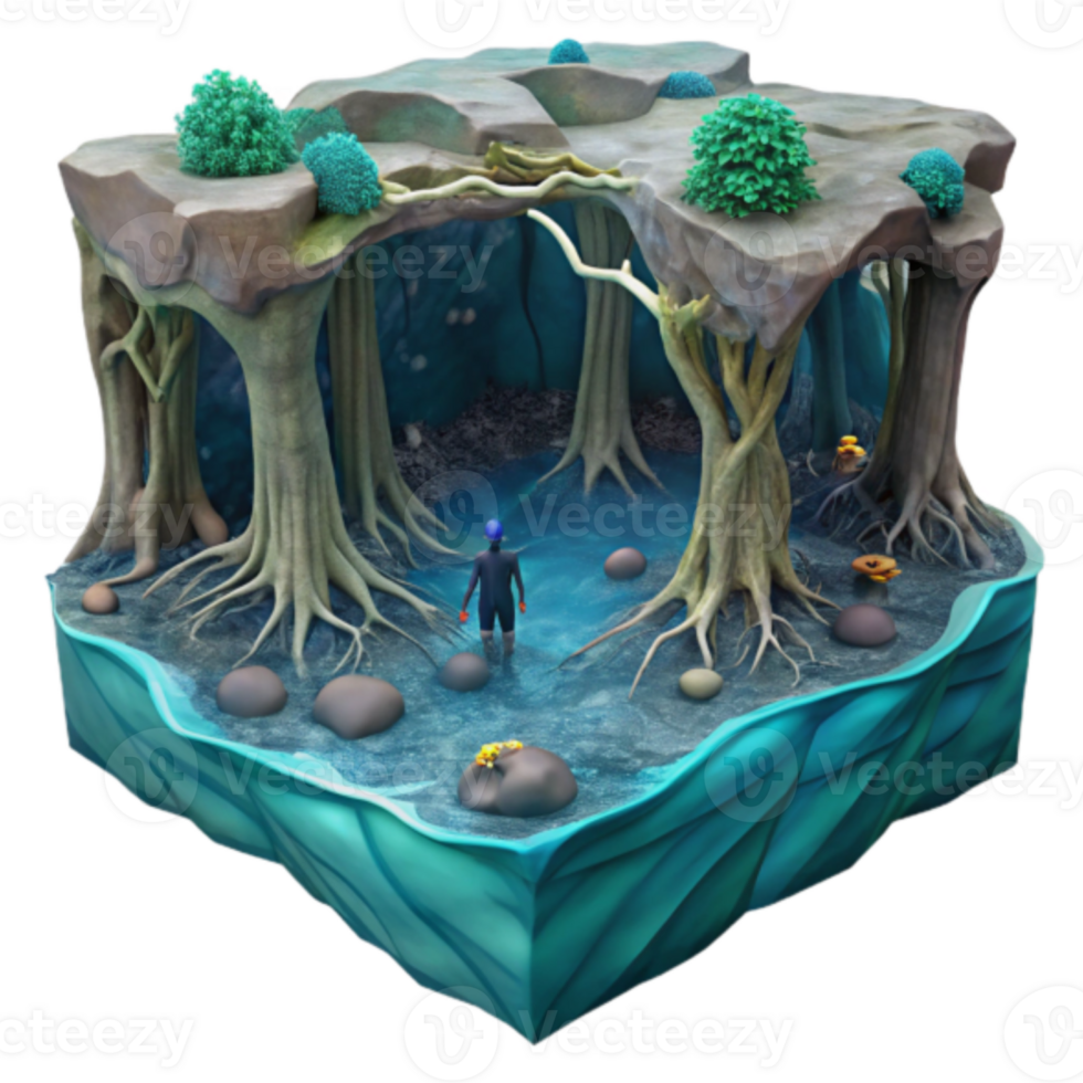 Enigmatic Underwater Illustration Person Exploring Mystical Mangrove Cave png