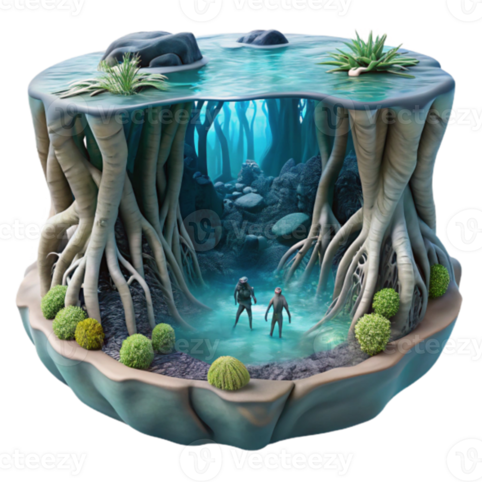 Enchanted Underwater Forest Illustration Mysterious Figures Explore a Submerged Grove png