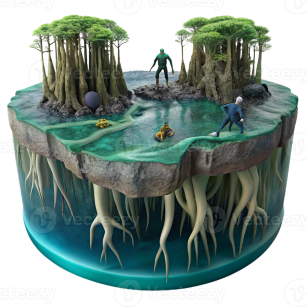 Enchanted Mangrove Island Illustration A Fantasy Ecosystem with Miniature Figures png