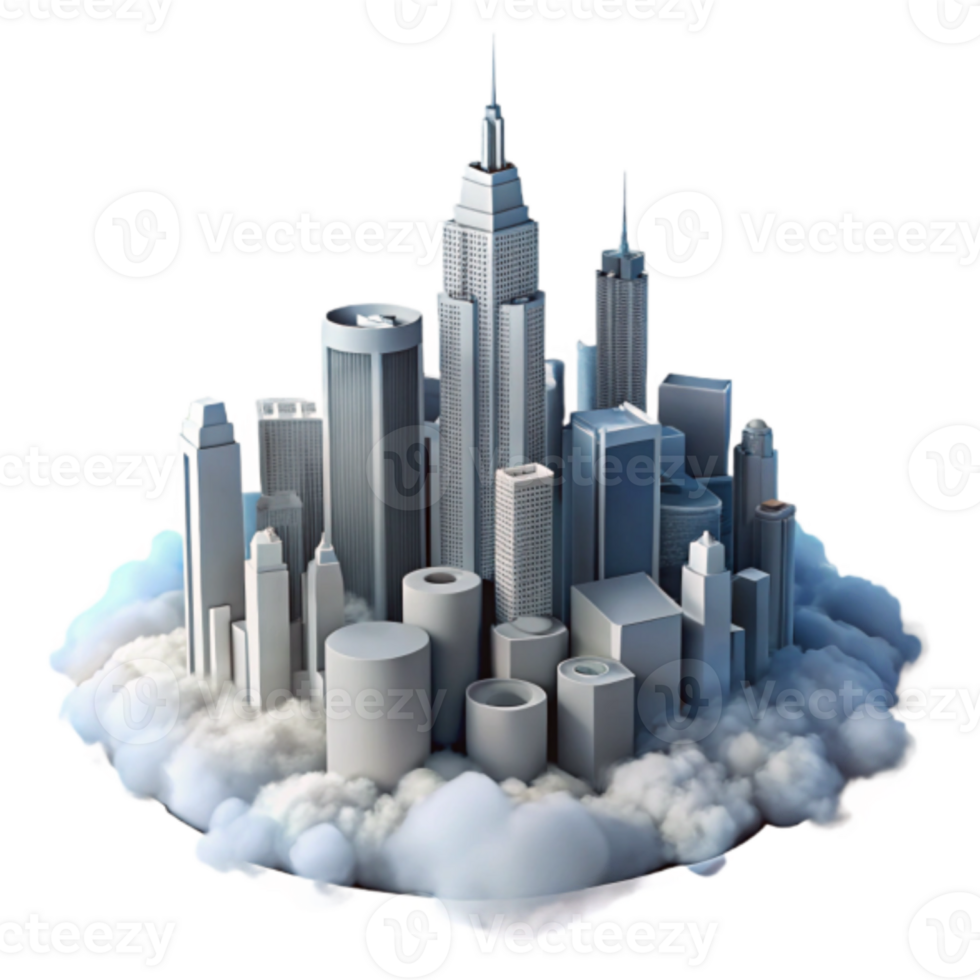 Cityscape Illustration Skyscrapers on Clouds Dreamlike Urban Fantasy png