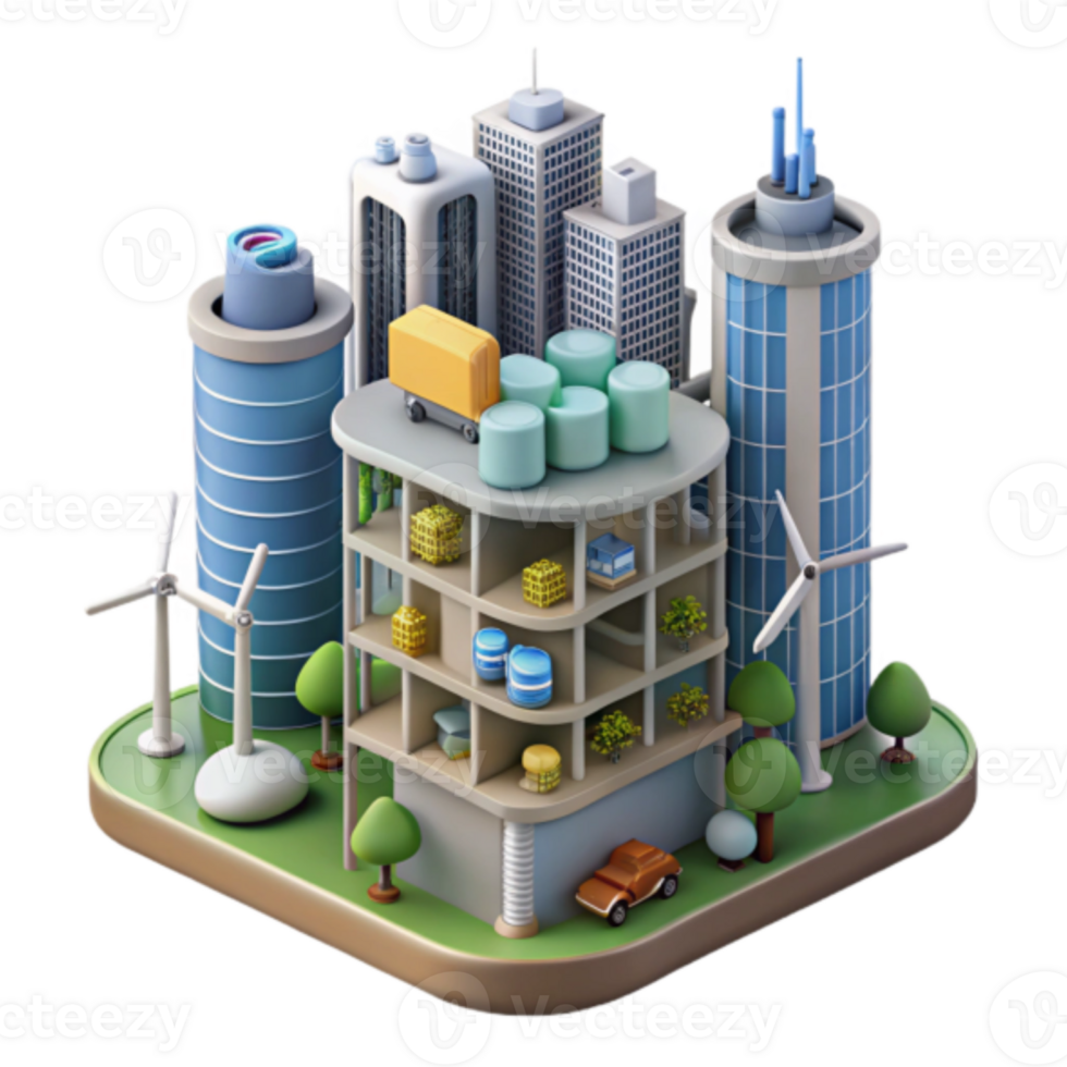 Isometric Cityscape Illustration Sustainable Urban Development Eco-Friendly City Modern Architecture Green Energy Wind Turbines png