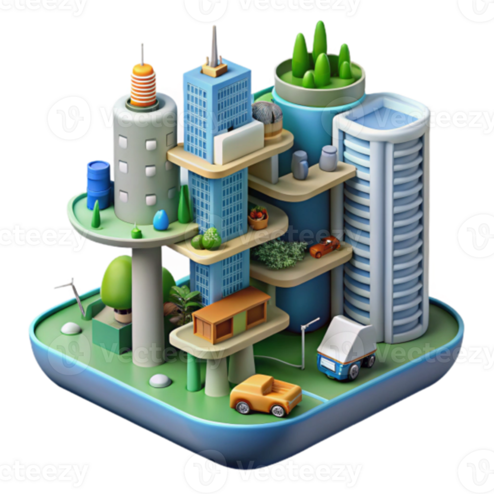 Vibrant Illustration of a Sustainable Cityscape with Eco-Friendly Buildings and Vehicles png