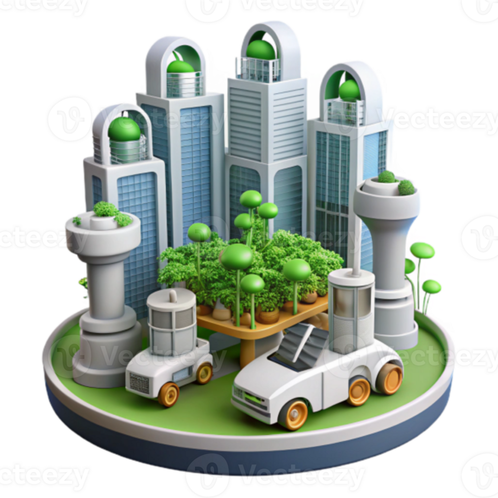 Eco-Friendly Cityscape Illustration Sustainable Urban Design with Green Spaces and Electric Vehicles png