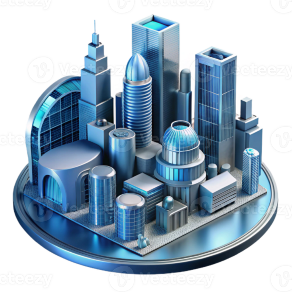 Illustration of a Futuristic Cityscape Model, Modern Architectural Design, Blue Metallic Buildings, Urban Development Concept png