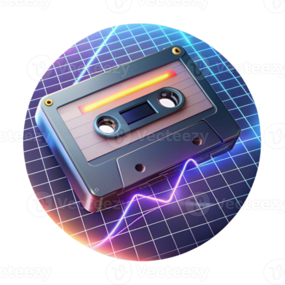 Retro Cassette Tape Illustration 80s Synthwave Grid Background png
