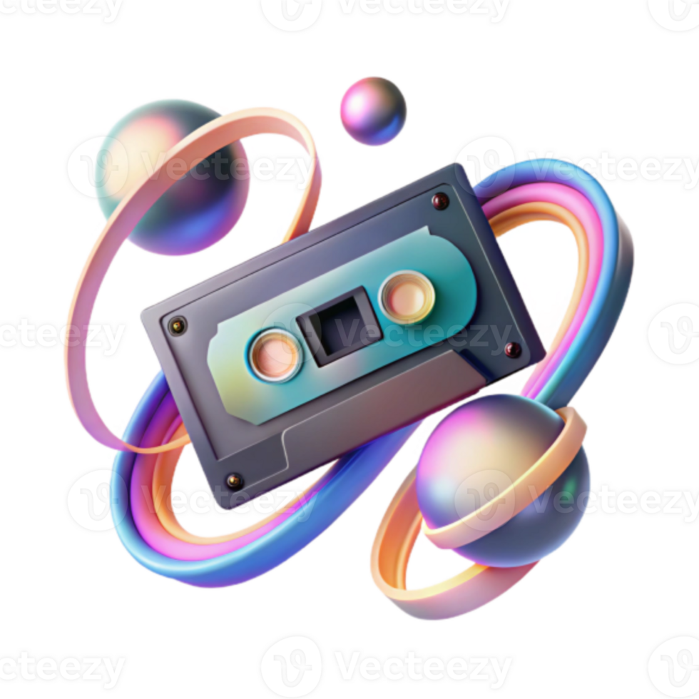 Retro Cassette Tape Render with Abstract Colorful Orbits png