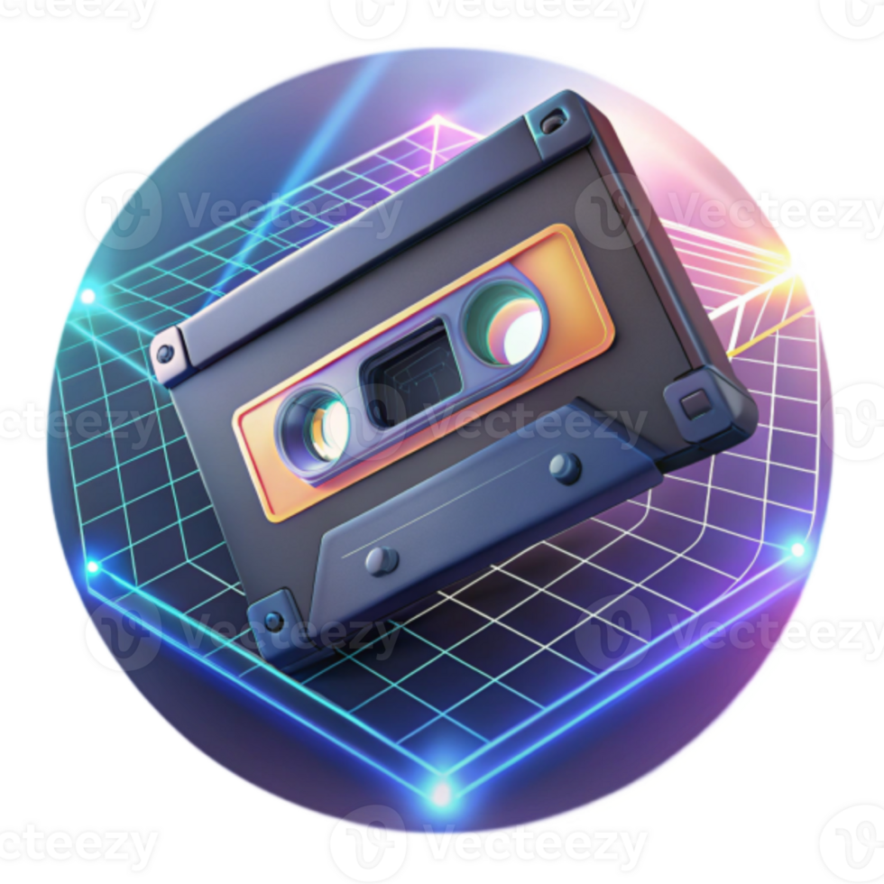 Retro Cassette Tape Illustration with Neon Grid Background png